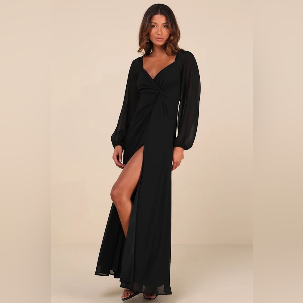 Lulus Composed Soiree Black Twist-Front Long Sleeve Maxi Dress